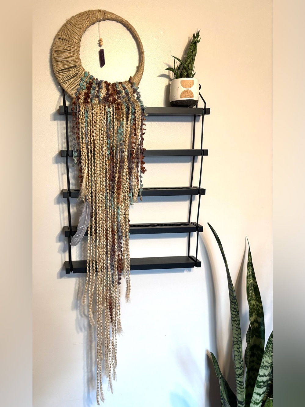 Boho Hanging Wall Art with Long Yarn Tassels - Neutral & Teal